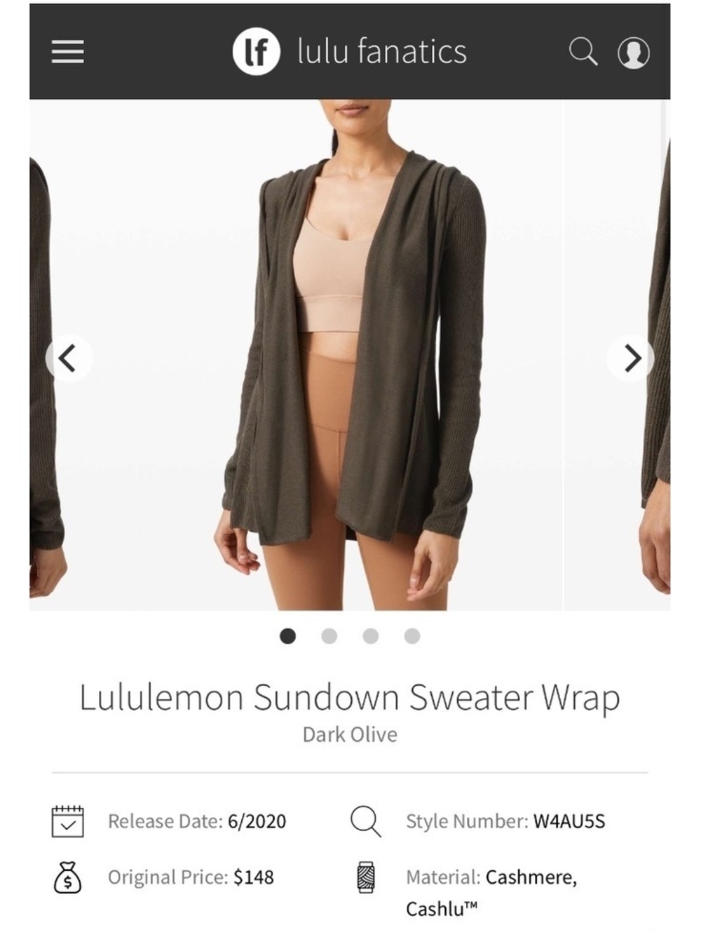 Lululemon Sundown Sweater Wrap ~Sz 8 Dark Olive Green Cashmere Cashlu
